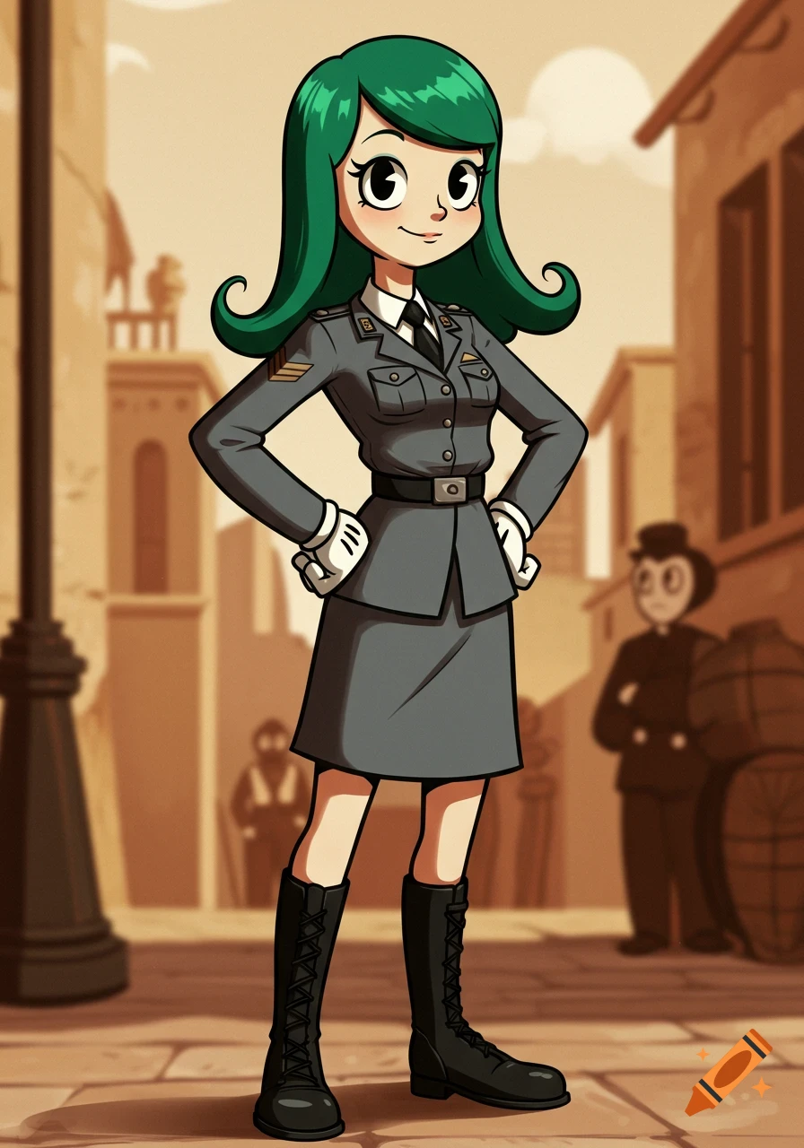 A cartoon girl with green hair in a gray military uniform stands in a 1920s rubberhose style street.