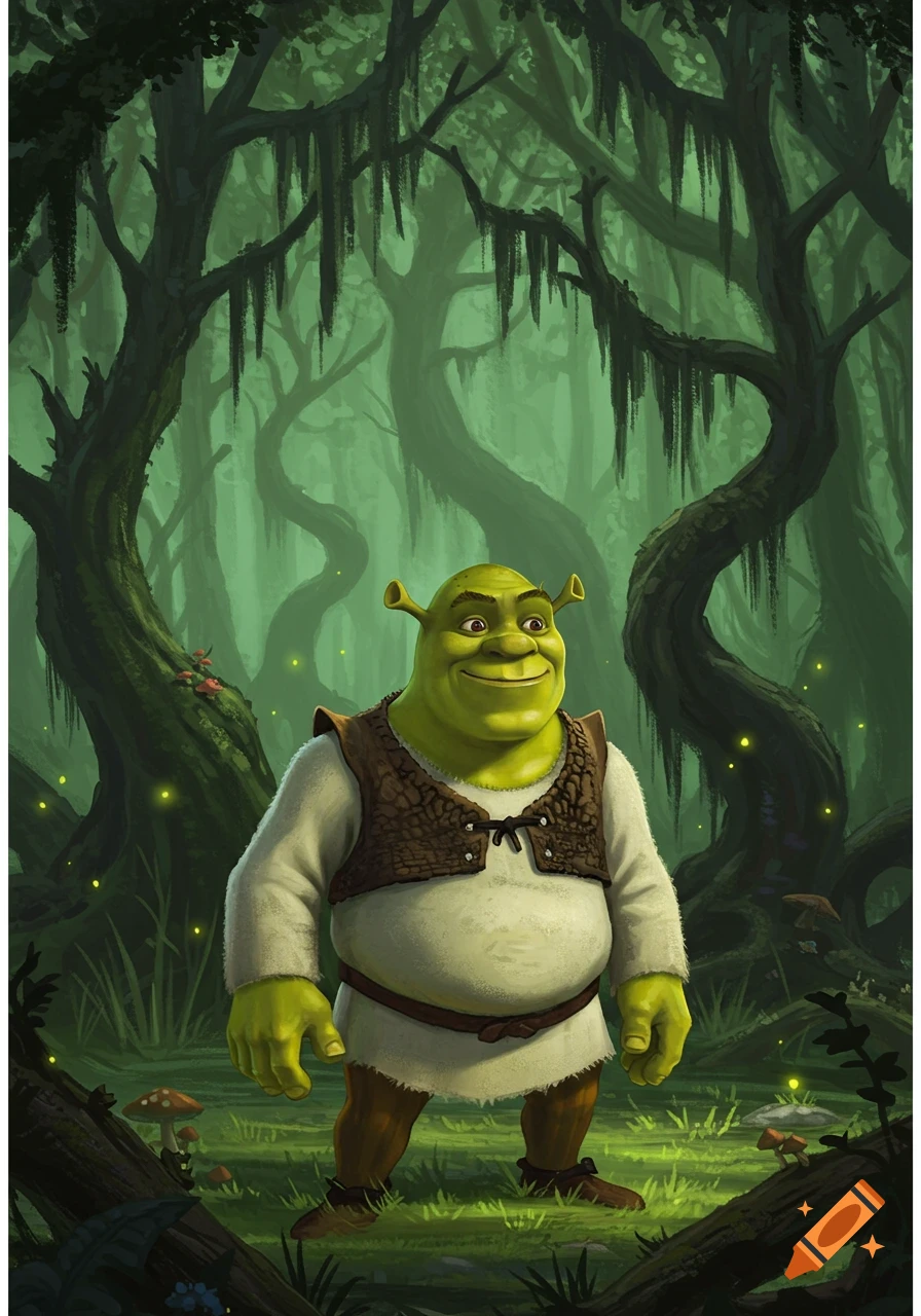 Shrek stands in a green, misty swamp with large trees and glowing fireflies.