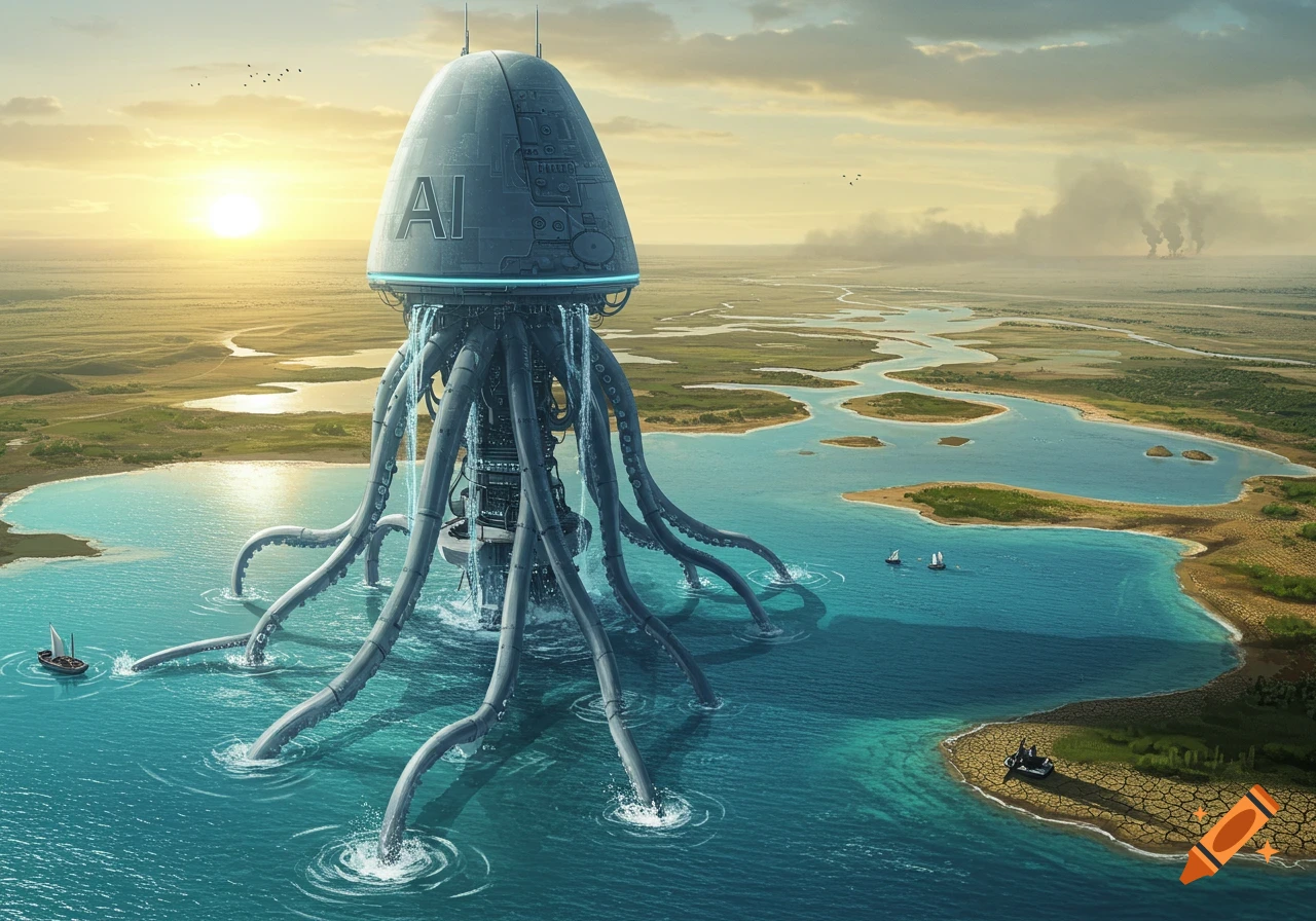 A futuristic, octopus-like AI structure drains water from a vast wetland landscape under a setting sun, with small boats on the water.