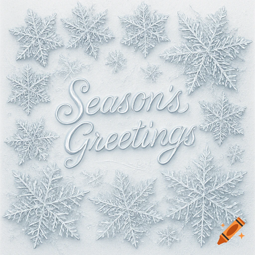 Season's Greetings text in light blue surrounded by white snowflakes on a textured white background.
