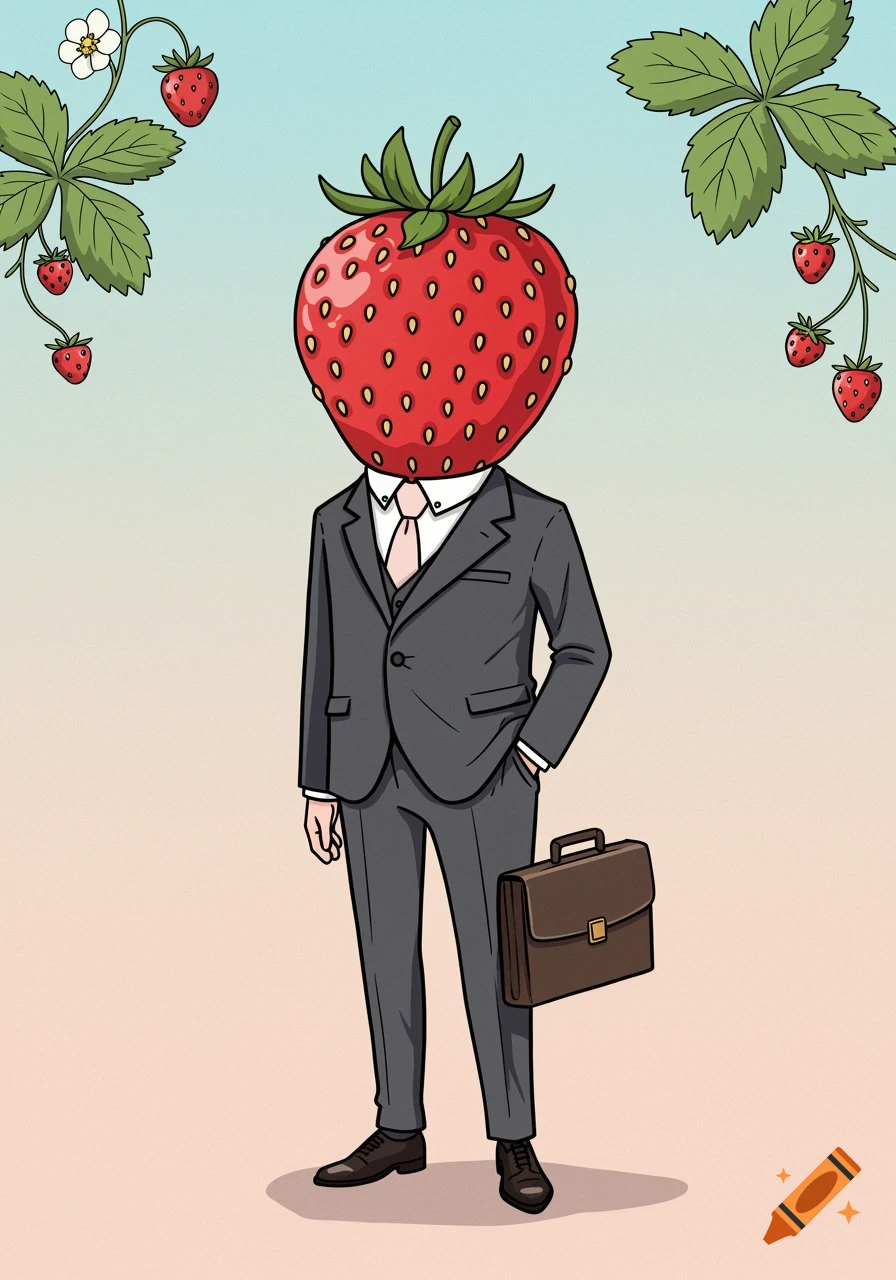 A cartoon drawing of a man with a strawberry for a head wearing a grey suit and holding a briefcase, with strawberry plants in the background.