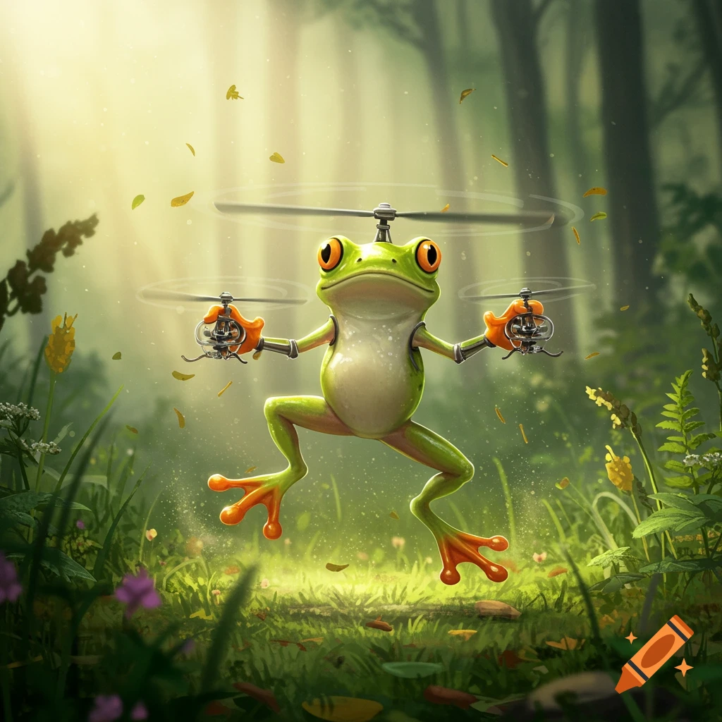 A cartoon frog with helicopter blades attached to its body and hands hovers in a vibrant forest.