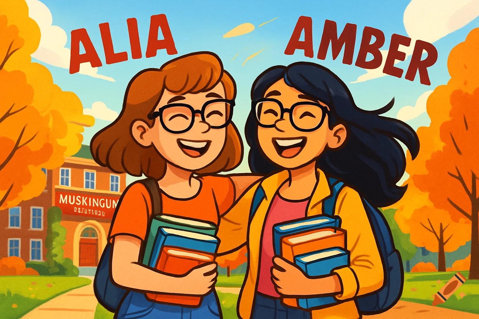 Two smiling cartoon women wearing glasses, holding books, with names Alia and Amber above them. They stand in front of a Muskingum University building with autumn trees.