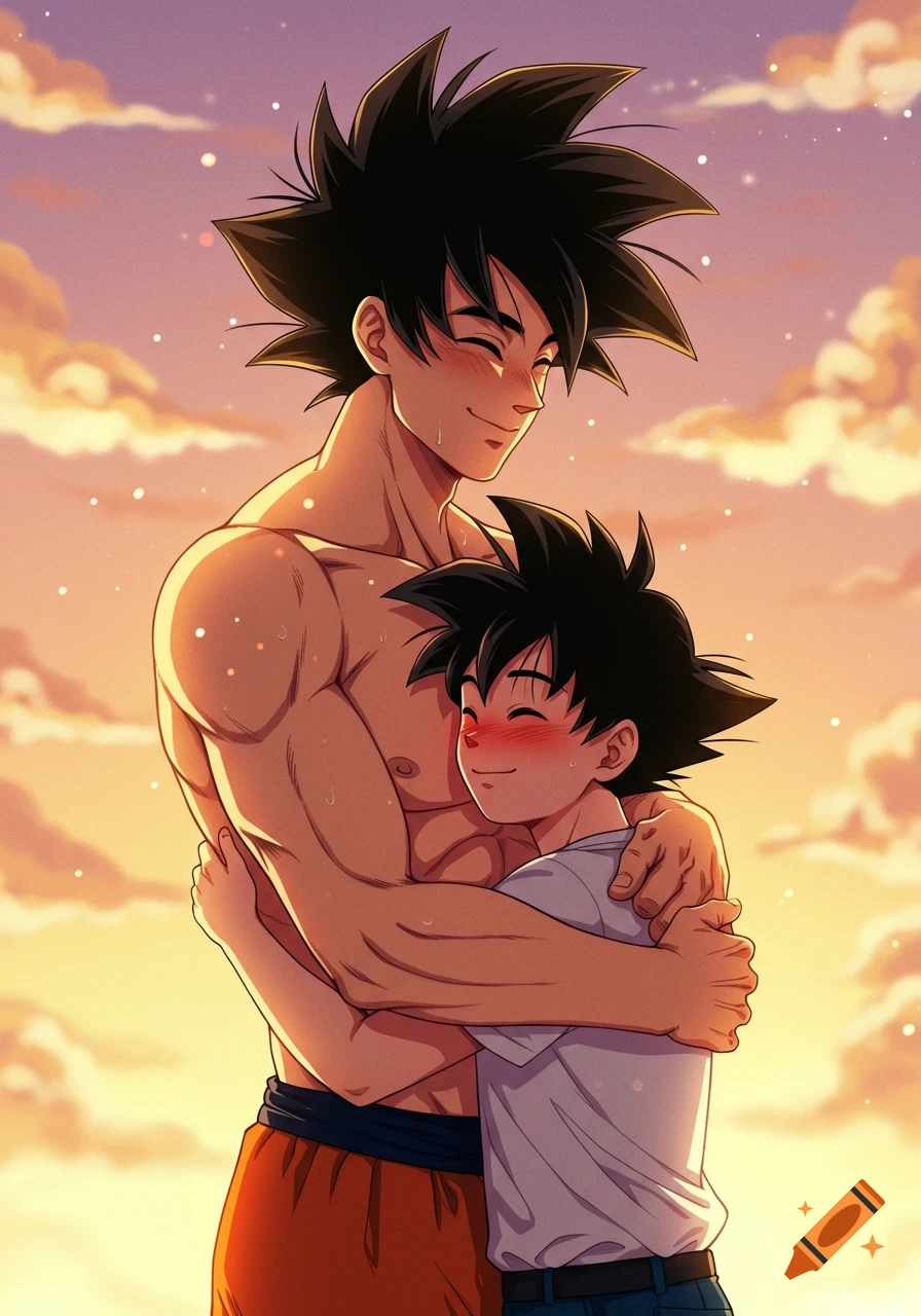 Anime-style illustration of a tall man with spiky black hair embracing a younger boy, both smiling against a warm sunset sky.