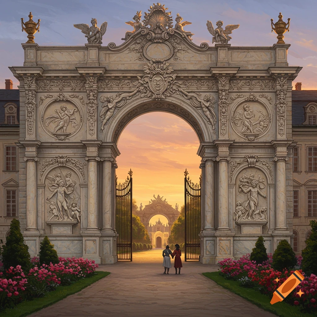 Grand Baroque stone archway opening to a garden path with a gate, leading to a distant archway under a sunset sky.