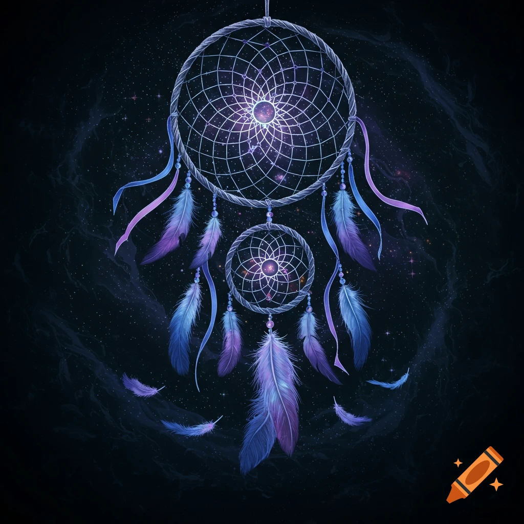 A stylized illustration of two dream catchers with blue and purple feathers and beads against a dark, starry night sky.