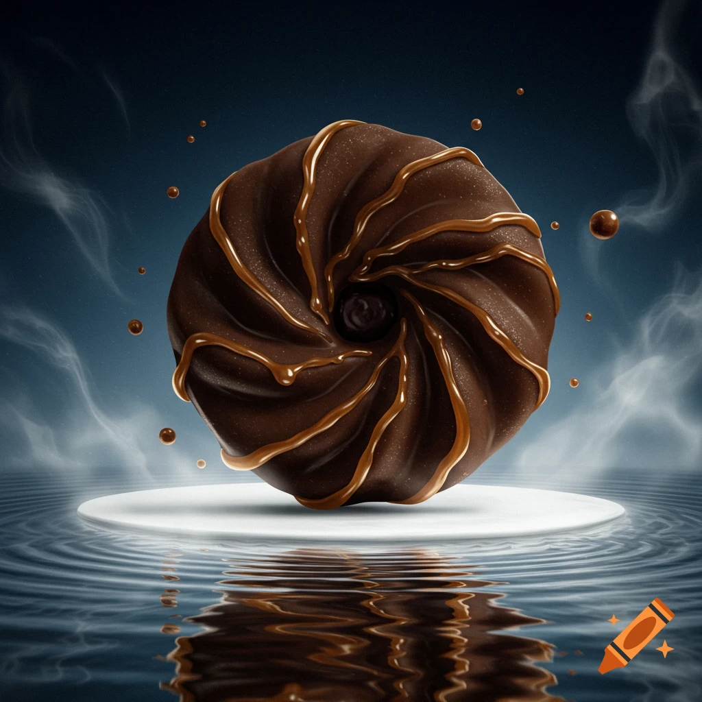 Dark chocolate swirled dessert with caramel drizzle floats above rippling water against a smoky background.