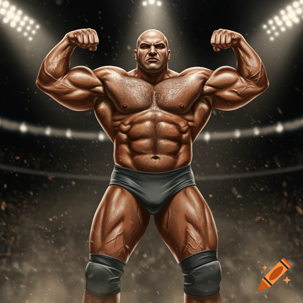 A bald, muscular wrestler in a grey singlet flexes his biceps in a spotlighted stadium.