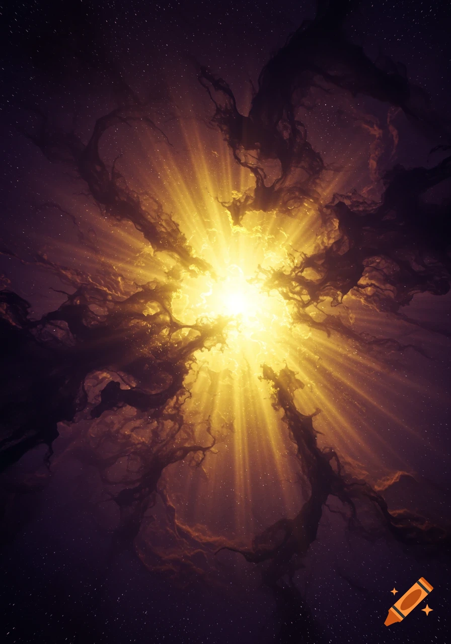 A brilliant golden light bursts from the center, surrounded by dark, swirling nebula-like structures against a starry background.