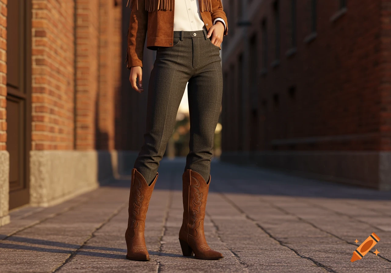 A person wearing a brown fringed jacket, dark gray pants, and brown cowboy boots stands on a paved street.