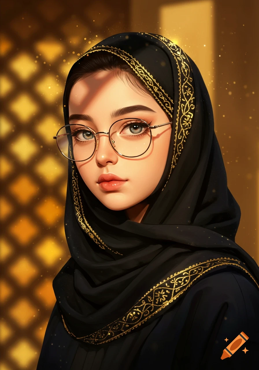 Stylized portrait of a young woman wearing a black hijab with gold patterns and round glasses.