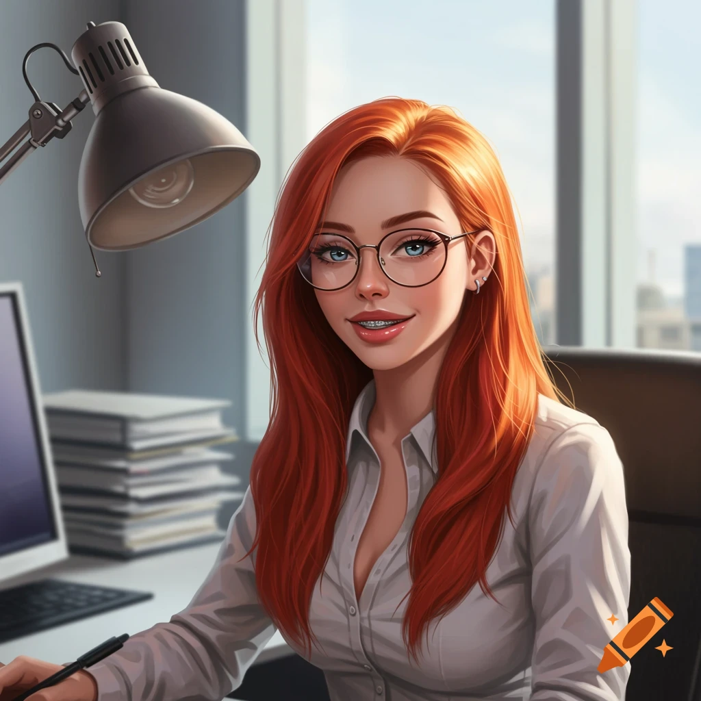 A digital painting of a redheaded woman with glasses and braces, wearing a white shirt, sitting at an office desk with a lamp and computer.