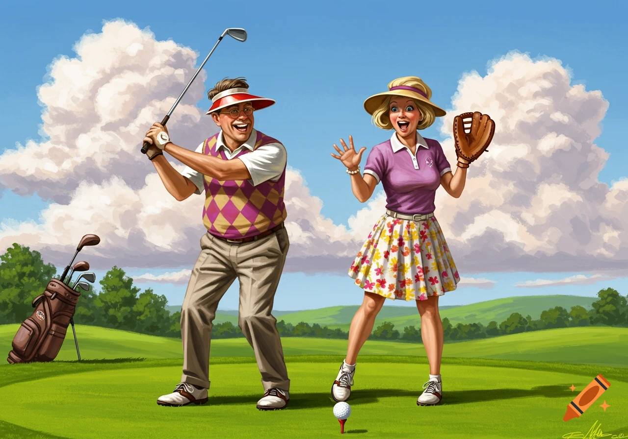 A cartoon illustration of a man swinging a golf club and a woman with a baseball glove on a golf course.