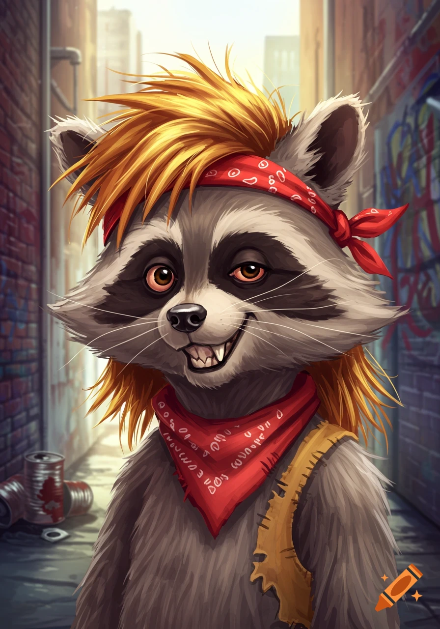 A smiling cartoon raccoon with a blonde mullet and red bandana in an alleyway.