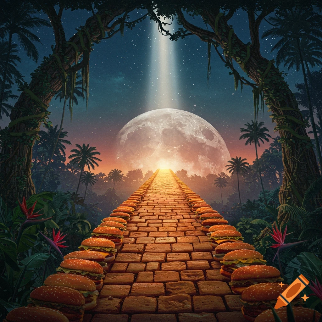 A brick road made of hamburgers extends through a jungle towards a large moon in a starry night sky, with a light beam from above.
