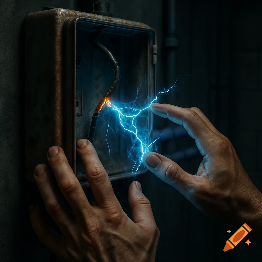 Person's hands near a rusty electrical box with blue electricity sparking from a bare wire. Photorealistic.