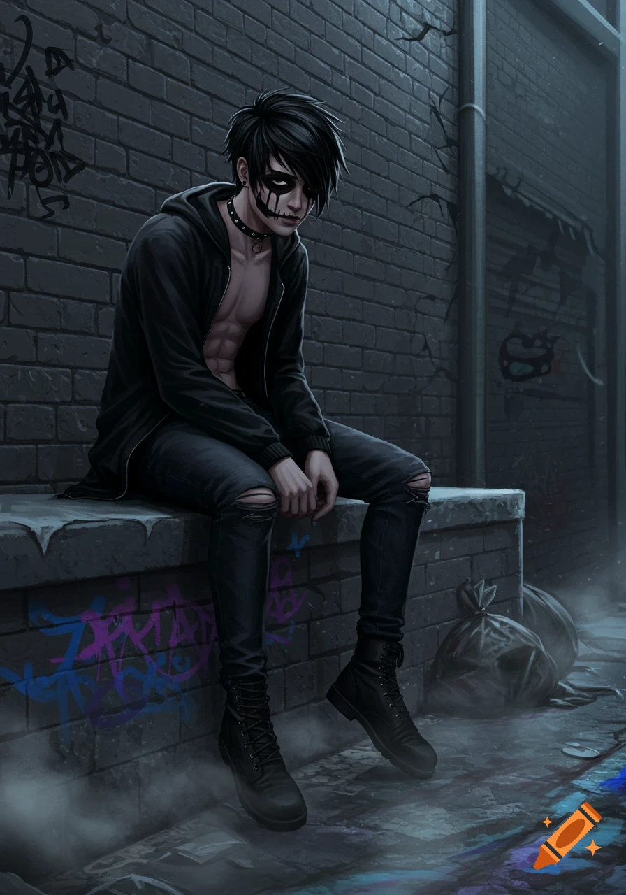A young man with black emo hair and skull-like face paint sits on a ledge in a dark, graffiti-covered alley, wearing an open black hoodie and ripped jeans.