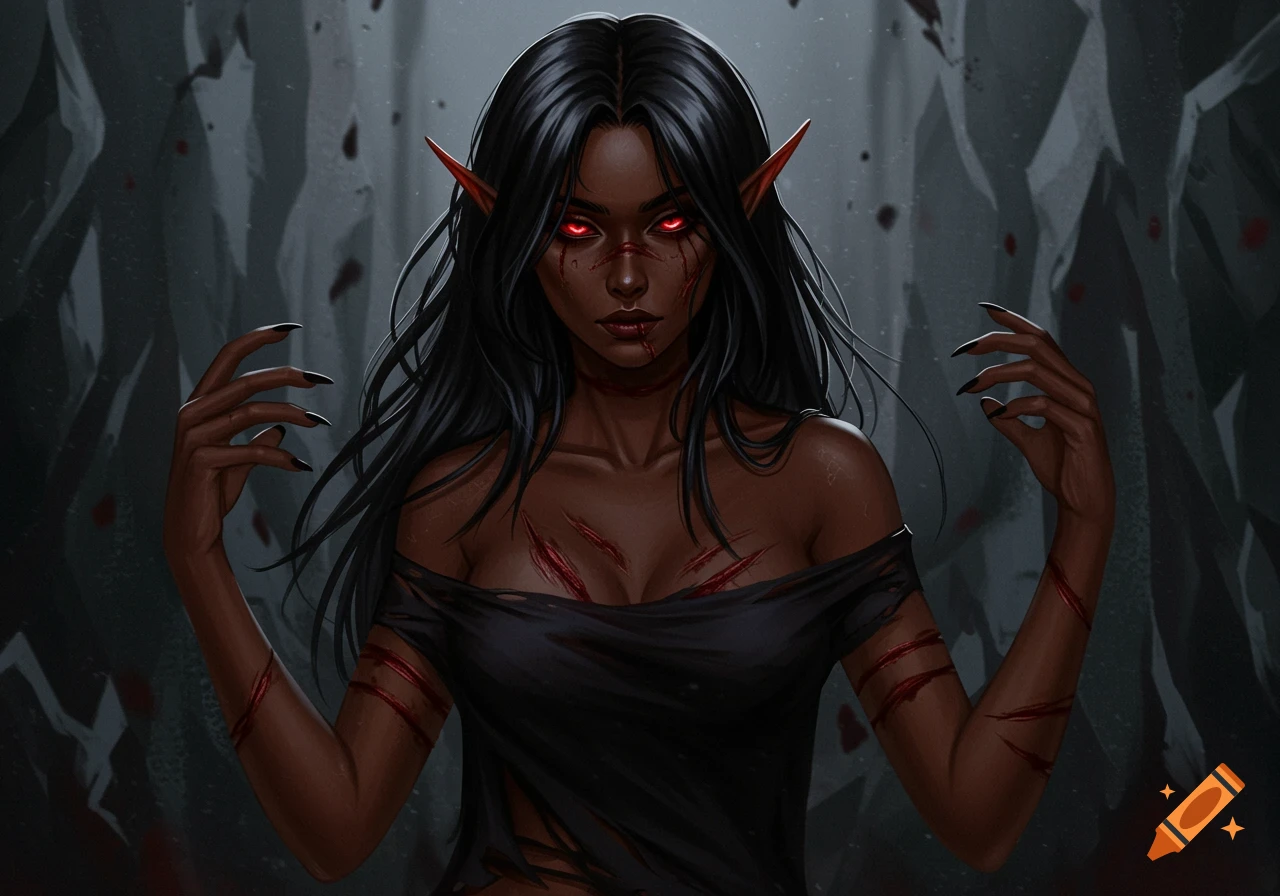 Dark-skinned drow woman with black hair, glowing red eyes, and red scars on her body, wearing a torn black top, against a dark, shadowy background. Digital art.
