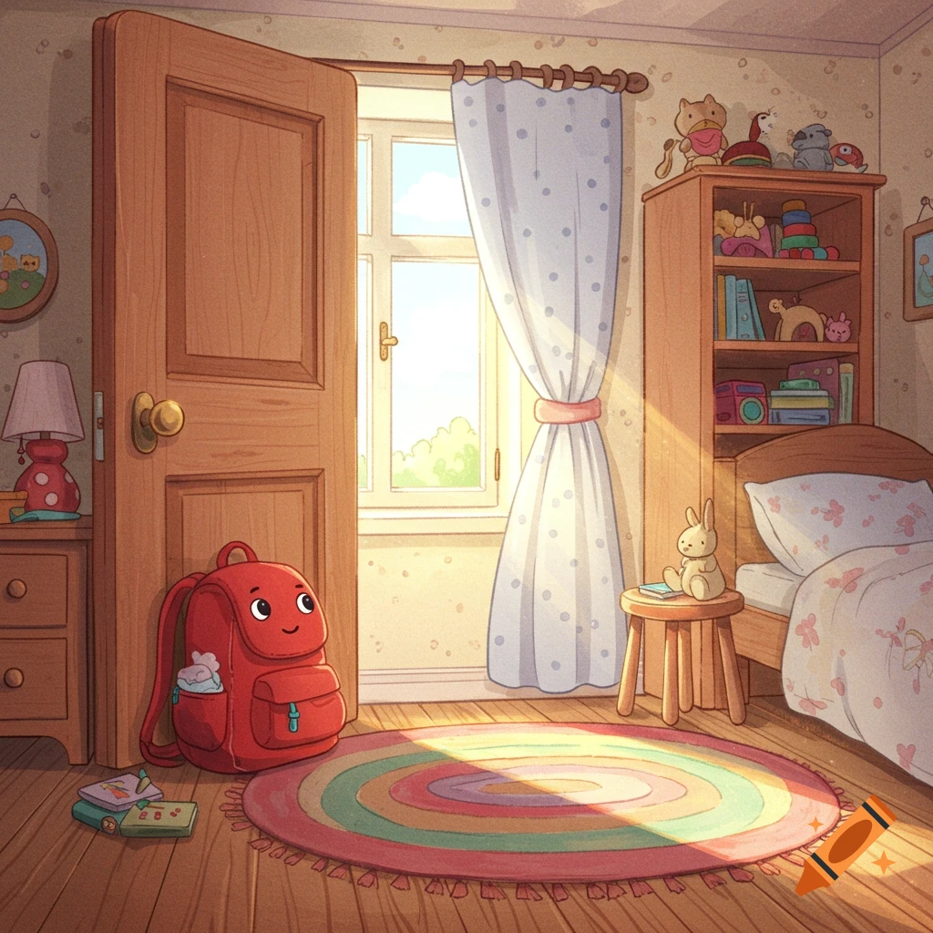 A whimsical children's book illustration of a cozy, sunlit bedroom with a friendly red backpack by an open door, wooden floor, and colorful rug.
