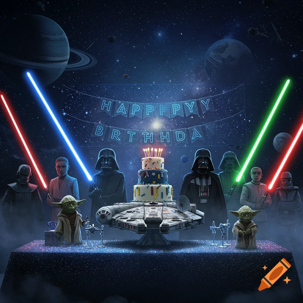 Star Wars characters, including Darth Vader and Yoda, gather around a birthday cake on a Millennium Falcon stand, on a glittery table in space with planets and stars under a banner.