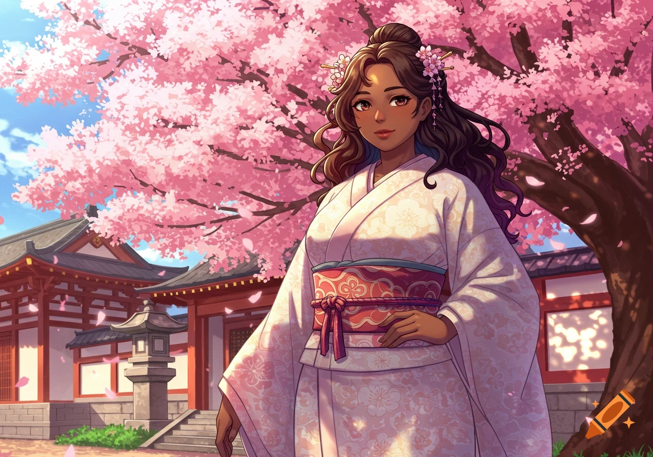 Anime style woman in a white kimono under a pink cherry blossom tree, with traditional Japanese buildings in the background.