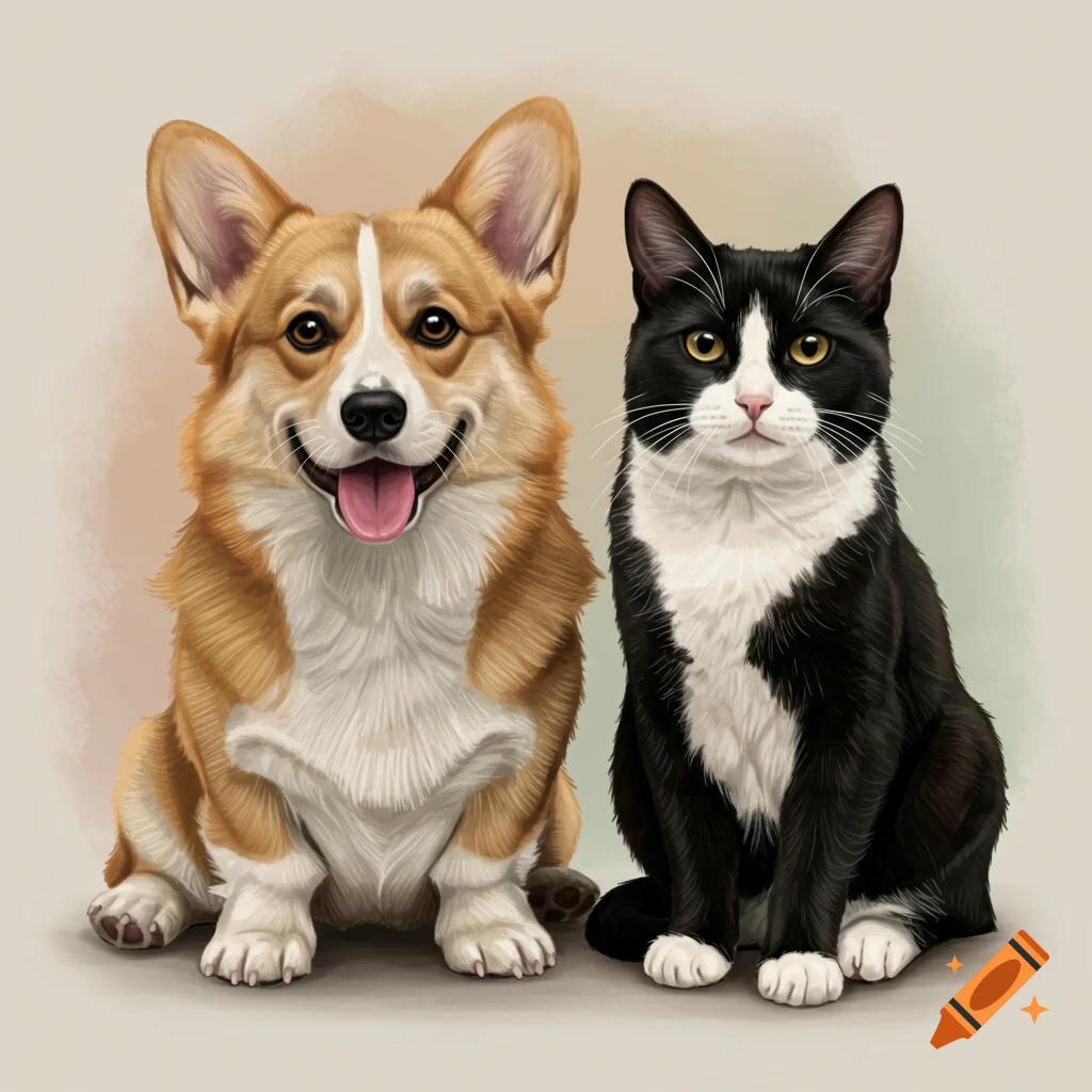A happy corgi and a tuxedo cat sitting together, depicted in a stylized illustration.