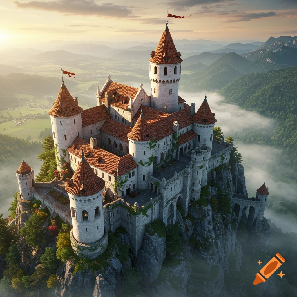 Highly detailed medieval castle made of white stone and terracotta roofs on a misty mountaintop at sunrise.