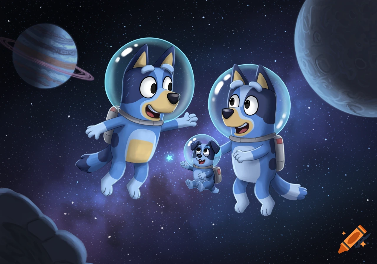 Bluey, Socks, and their son, all wearing space helmets and suits, float in outer space with planets and stars visible.