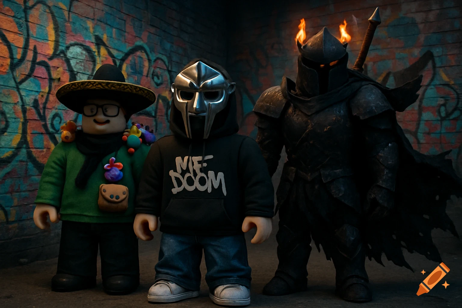 Three stylized characters, including a Roblox-like avatar, an MF DOOM-inspired figure, and a dark knight with flames, stand against a graffiti-covered brick wall.