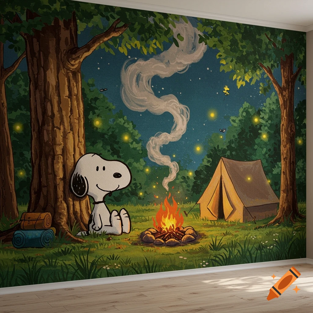 A cartoon wall mural depicts Snoopy sitting by a crackling campfire in a dark forest at night, with a tent and fireflies.