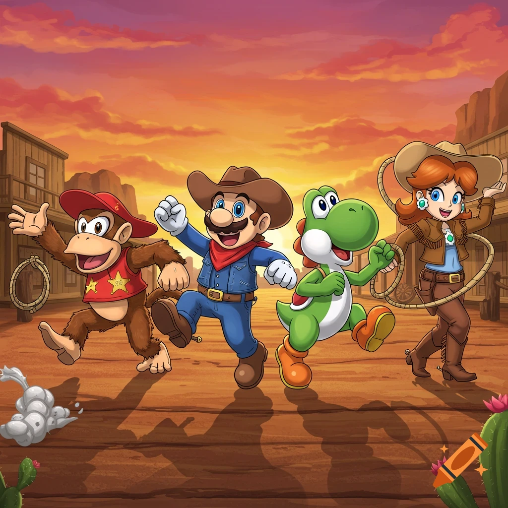 Diddy Kong, Mario, Yoshi, and Princess Daisy in cowboy outfits run through a western town at sunset.