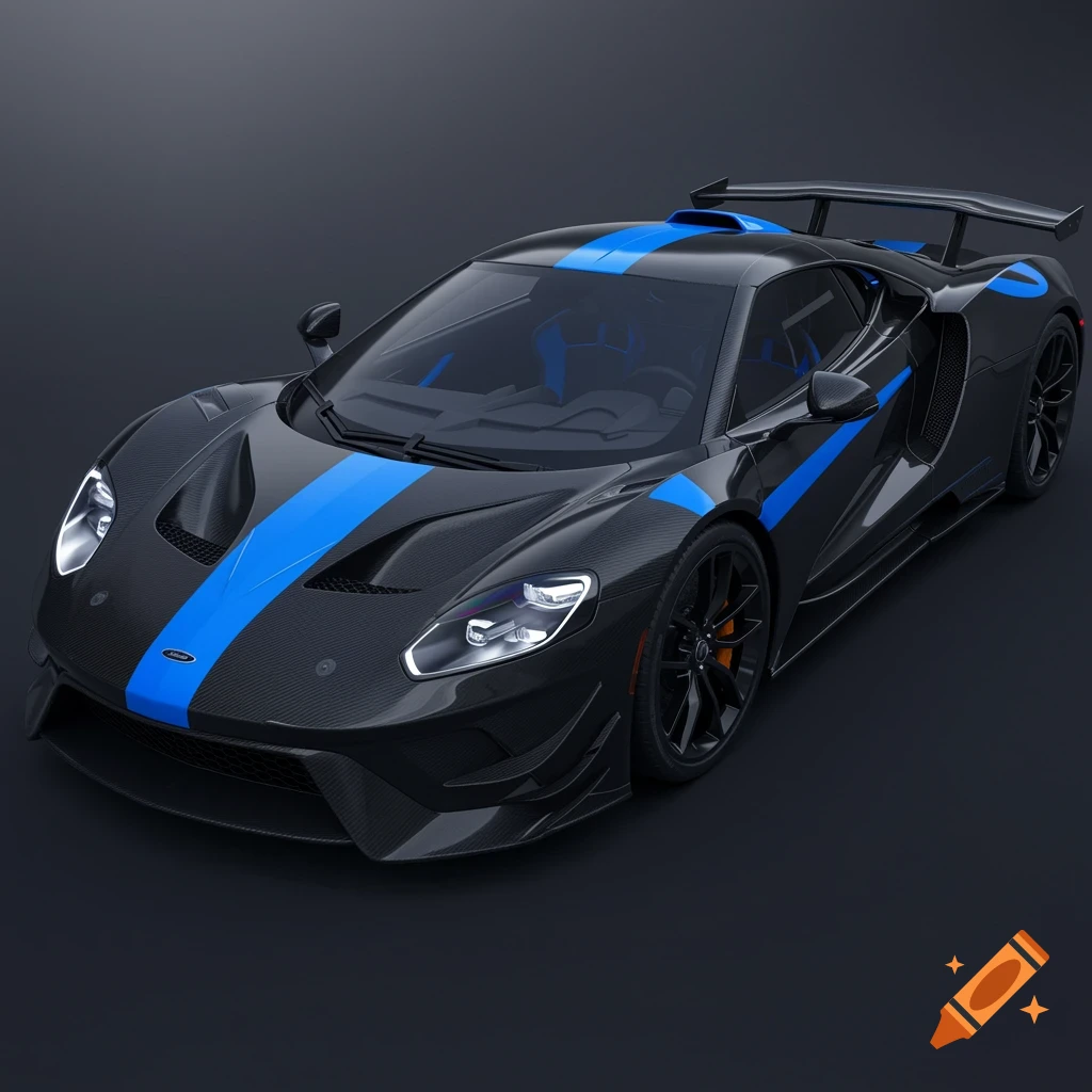 A black supercar with a blue stripe and blue accents, featuring carbon fiber details, on a dark background.