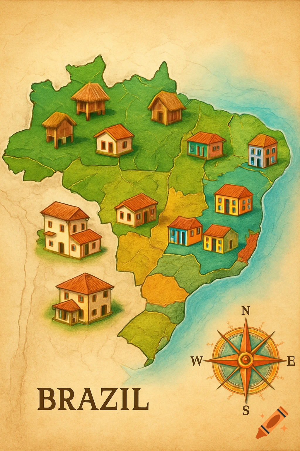 An illustrated vintage-style map of Brazil with small, diverse houses placed throughout its states and a compass rose in the corner.