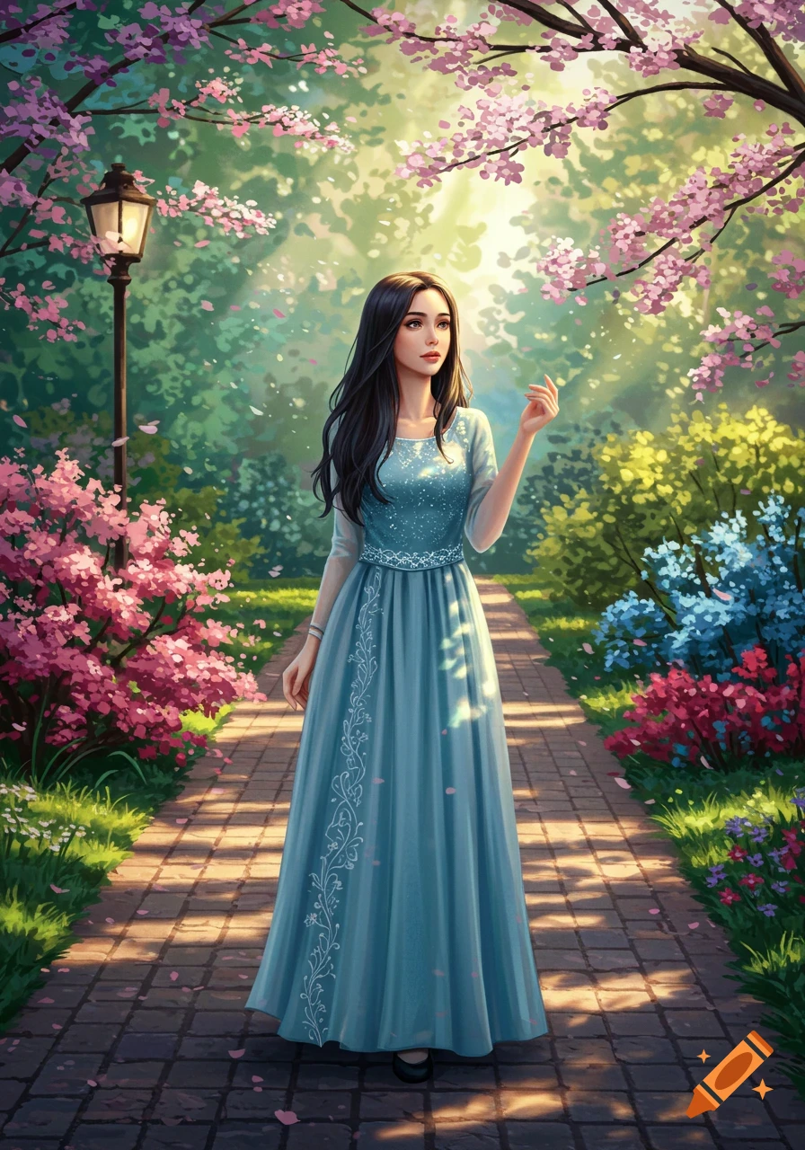 A woman with long dark hair in a flowing blue dress stands on a brick path in a vibrant, blooming garden with pink cherry blossom trees and colorful bushes, in an illustrative style.