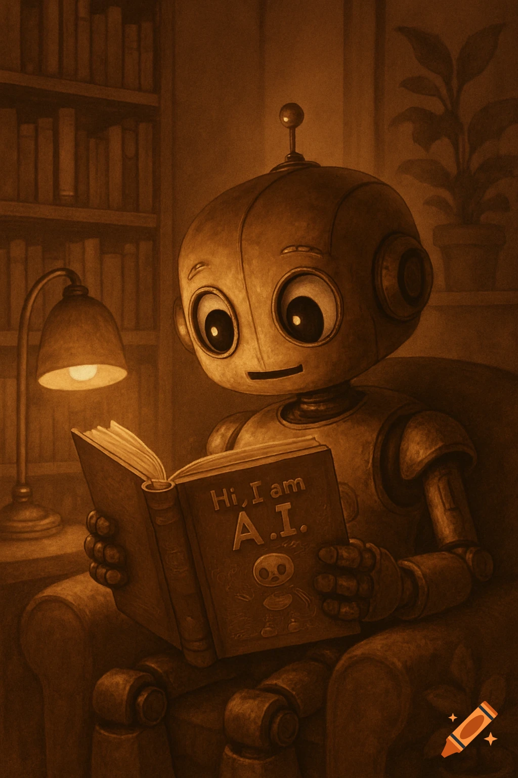 A cute, friendly robot with large eyes reads a book titled 'Hi, I am A.I.' under a lamp in a cozy, sepia-toned room.