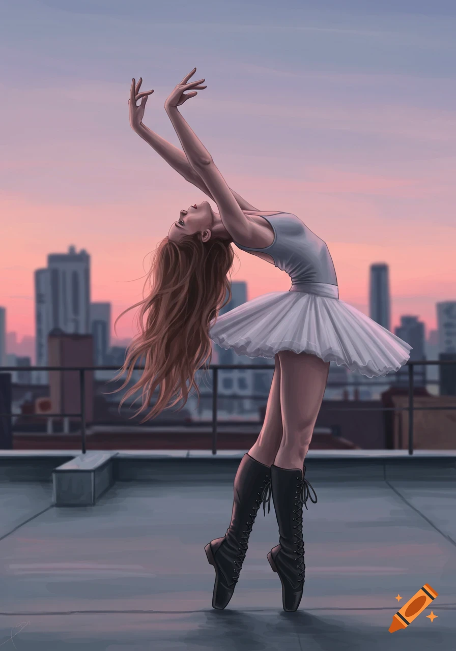 Digital painting of a ballet dancer in tutu and boots, bending backward on a city rooftop at sunset.