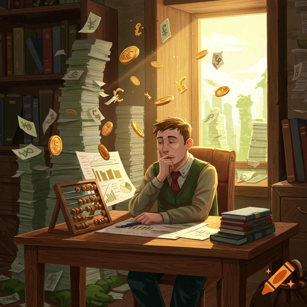 An illustrated man with a thoughtful expression sits at a desk, surrounded by towering stacks of money and papers, with coins and currency symbols floating around him.