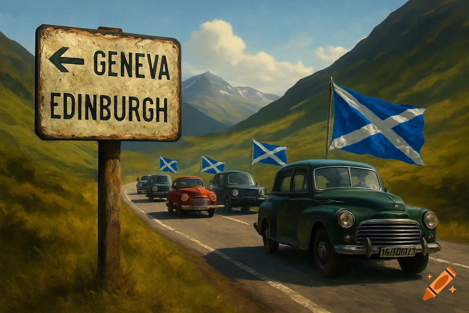 A painting of vintage cars with Scottish flags driving on a highland road past a sign pointing to Geneva and Edinburgh.