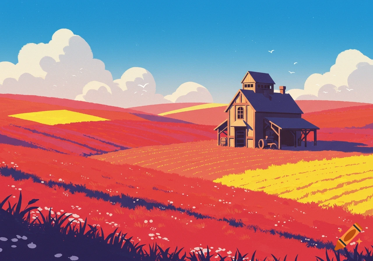 A stylized illustration of a barn in a vibrant, colorful countryside with red, yellow, and orange fields under a blue sky.