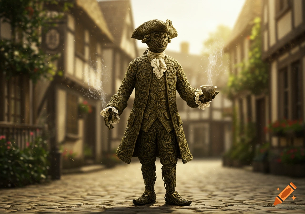A photorealistic image of a humanoid figure, seemingly made of green tea leaves and twigs, dressed in colonial attire with a tricorn hat, holding a steaming teacup. The figure stands on a cobblestone street in an old European-style village.