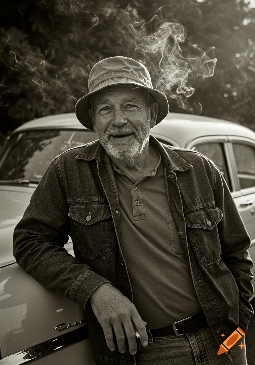 Black and white portrait of a smiling man in a bucket hat, leaning on a vintage car, with smoke rising.