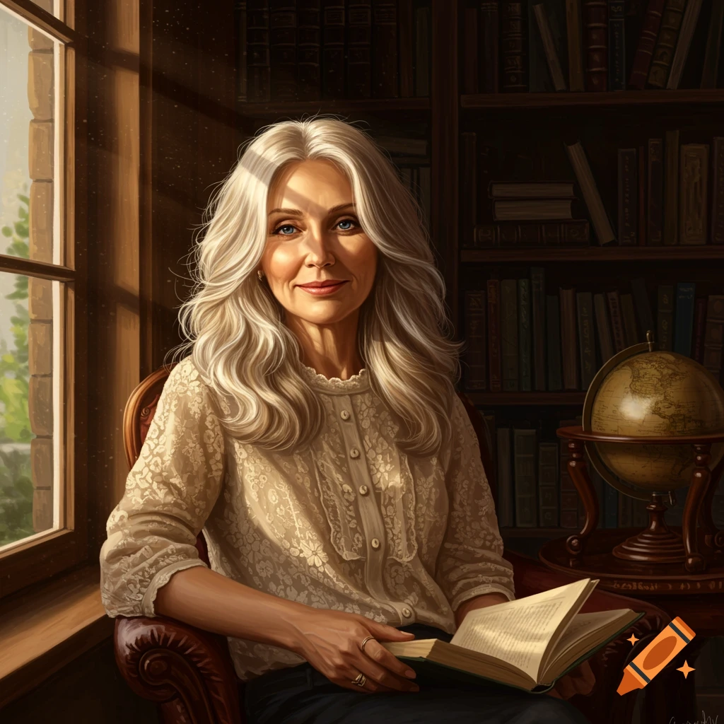 A mature woman with long white hair sits in a sunlit armchair, holding an open book in a cozy library with bookshelves and a globe.