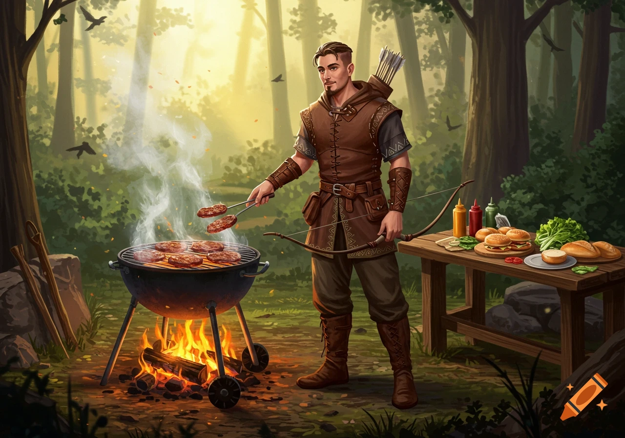A male archer in medieval-style attire grills burgers over a charcoal barbecue in a sunlit forest clearing.
