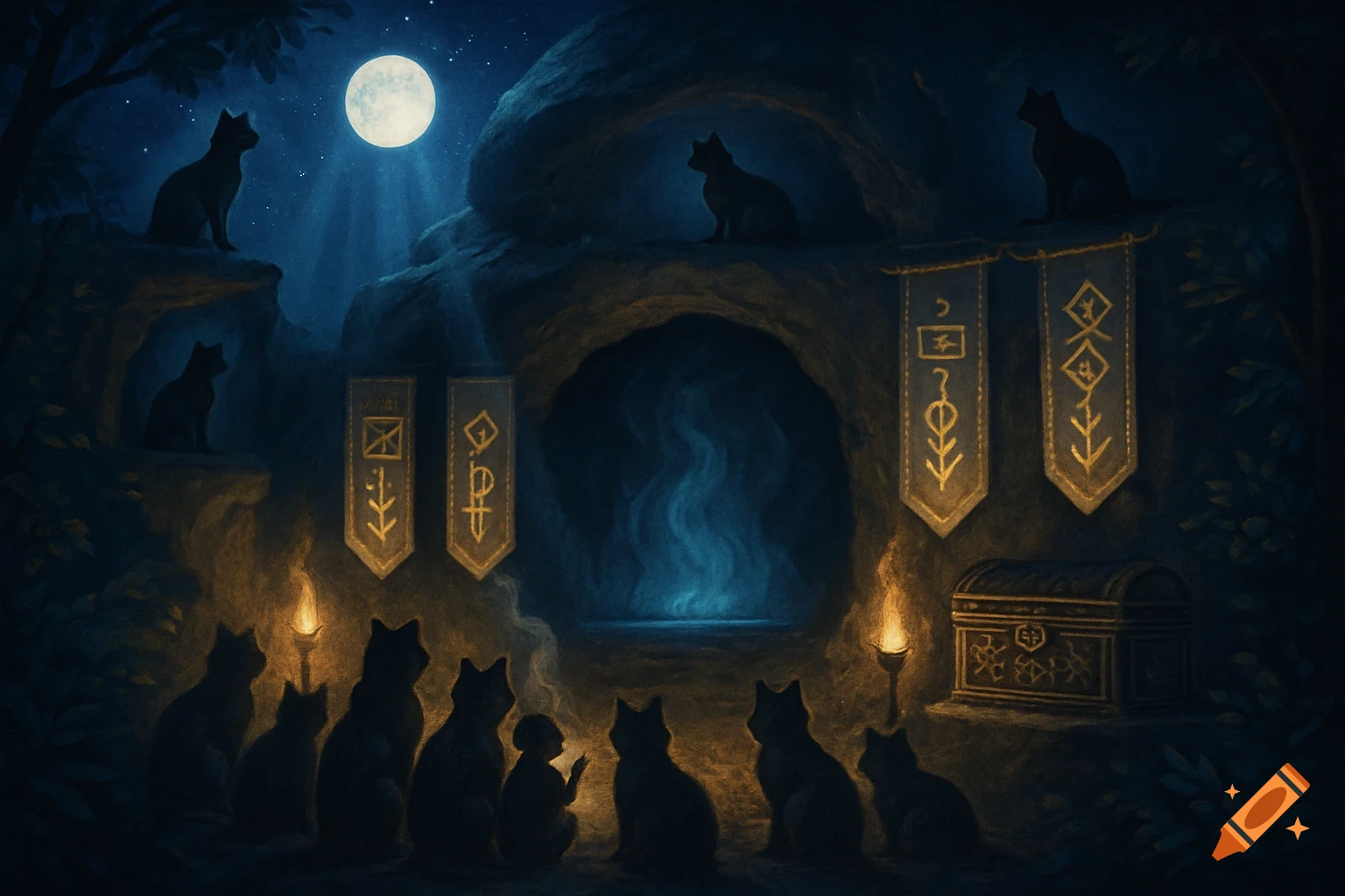 Silhouetted cats and a small figure gathered in a moonlit cave with torches, banners with ancient symbols, and a treasure chest.
