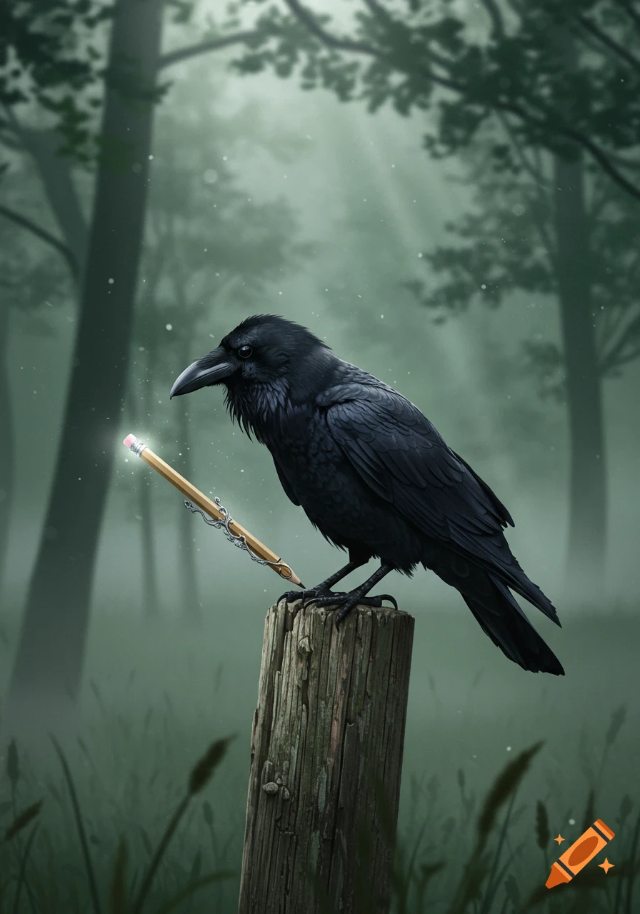 A black raven perches on a wooden post in a misty forest, holding a glowing pencil in its claw.