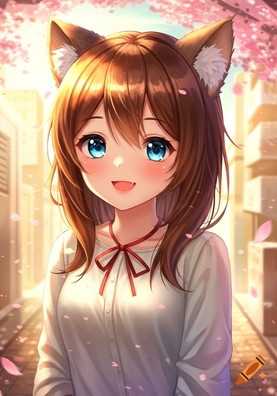A cute anime girl with brown hair, blue eyes, and cat ears smiles happily amidst falling cherry blossoms.