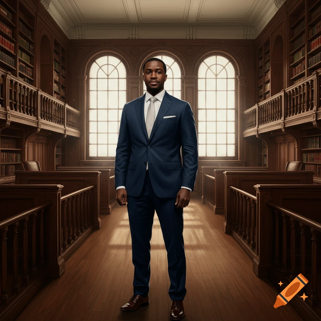 A professional Black man in a dark blue suit stands in a grand, wood-paneled library or courtroom.