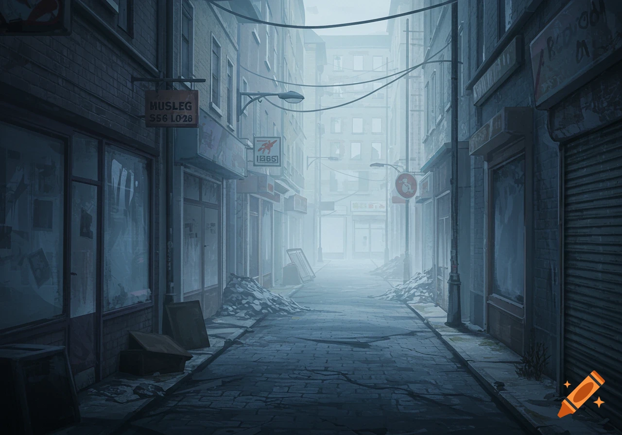 A narrow, foggy, and desolate city street with abandoned buildings and piles of debris on the sides.