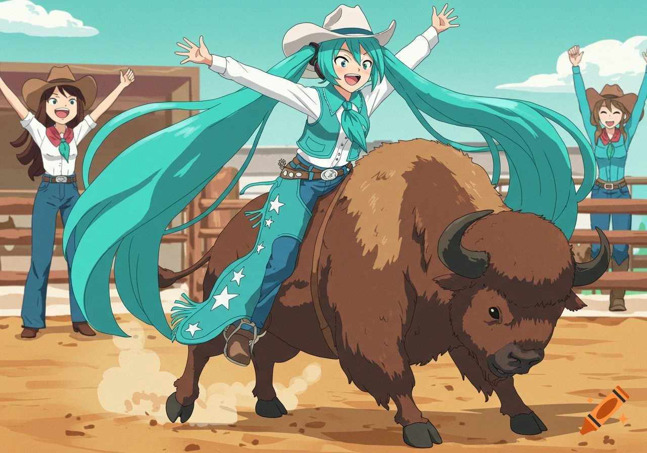 Anime style Hatsune Miku as a cowgirl riding a bucking buffalo in a rodeo arena, with other cowgirls cheering.