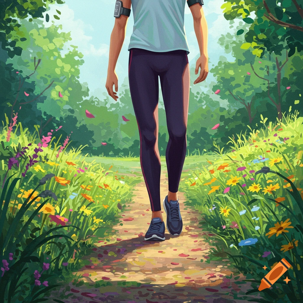 A person walks on a dirt path through a vibrant forest with colorful wildflowers, in an illustrative style.